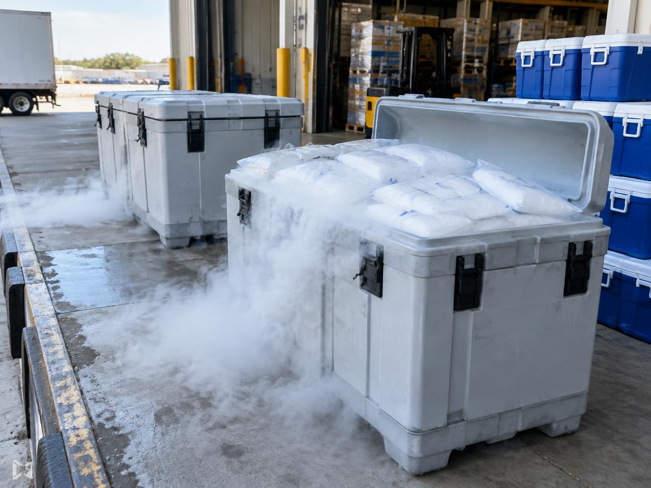 Insulated bulk dry ice containers staged on a loading dock