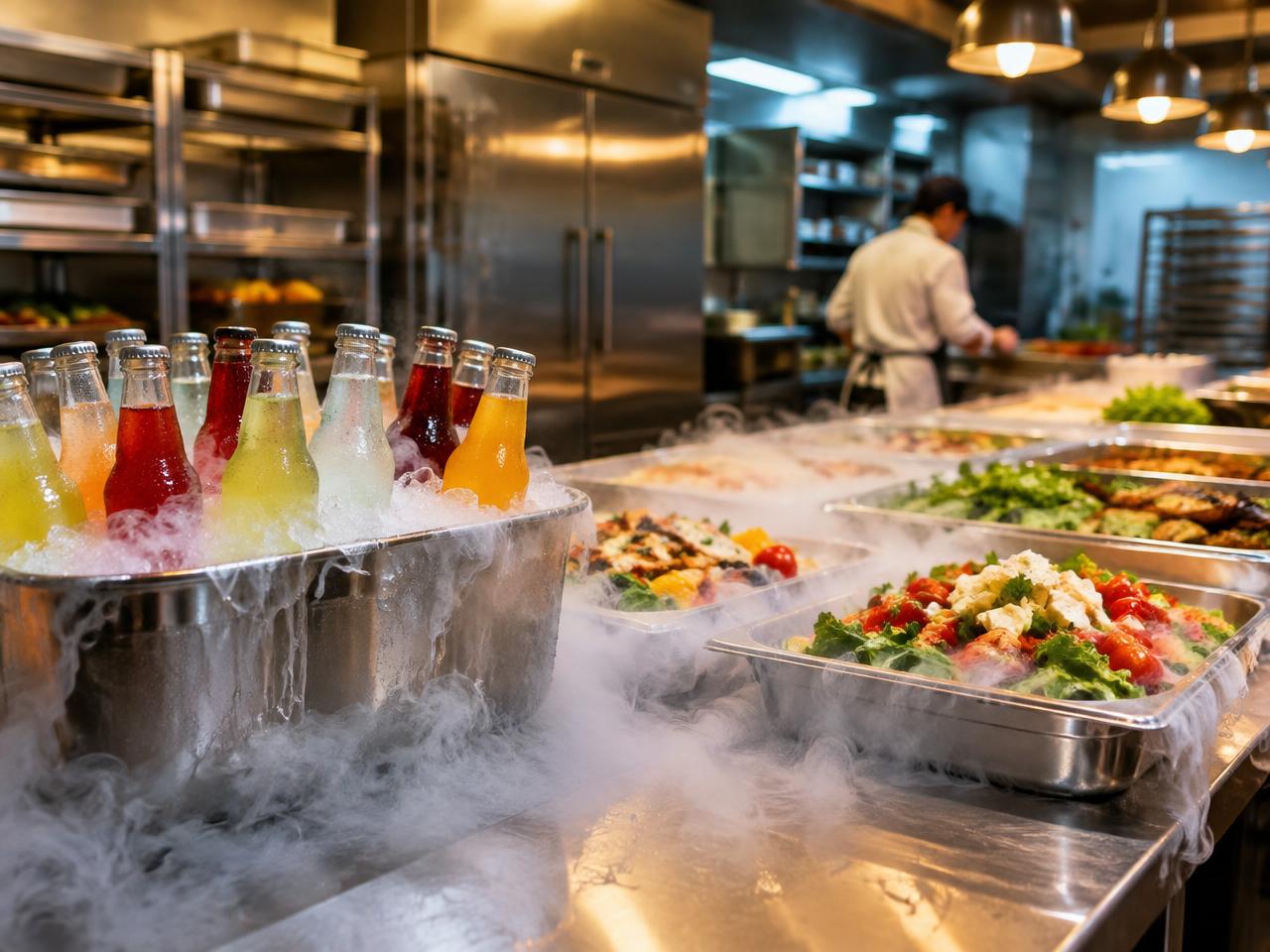 Chilled beverages and food trays held cold with dry ice