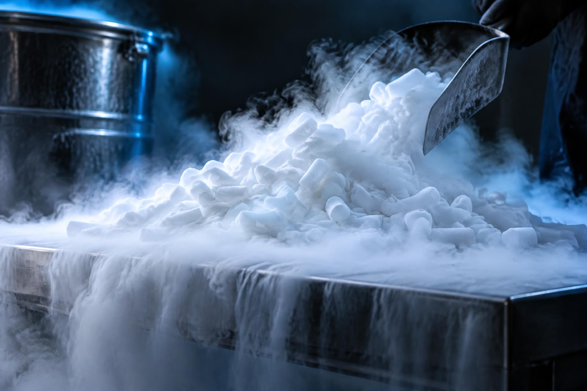 Fresh dry ice pellets with cold vapor on a stainless production table
