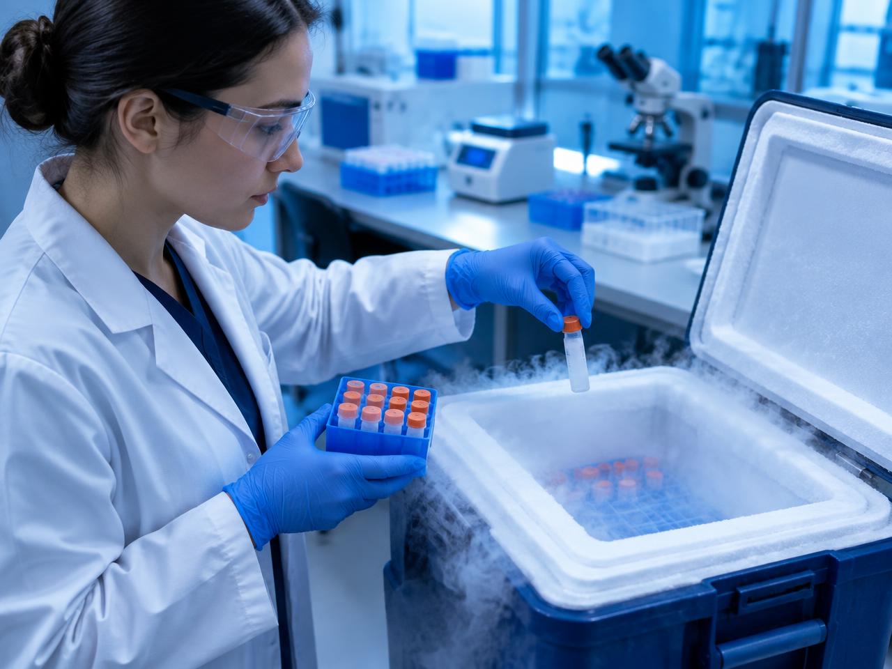 Laboratory technician packing sample vials in dry ice