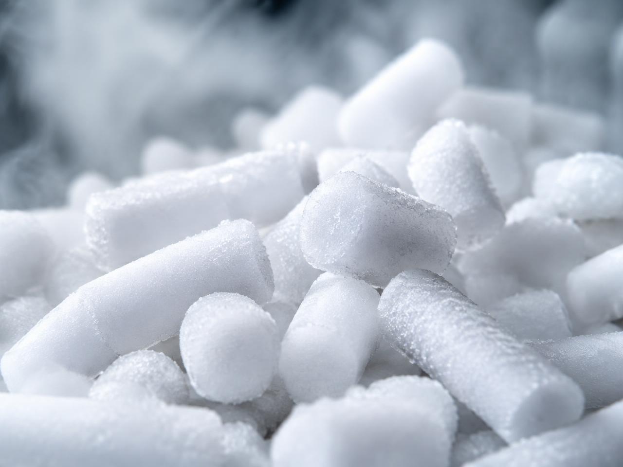Close-up of 5/8 inch dry ice pellets