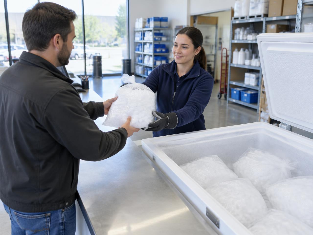 Customer picking up bagged dry ice at a retail counter